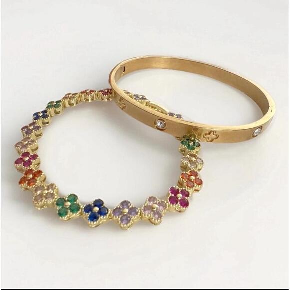 18K Gold Plated Multi clover Bracelet Bangle SET stainless steel Womens Jewelry - Picture 8 of 9